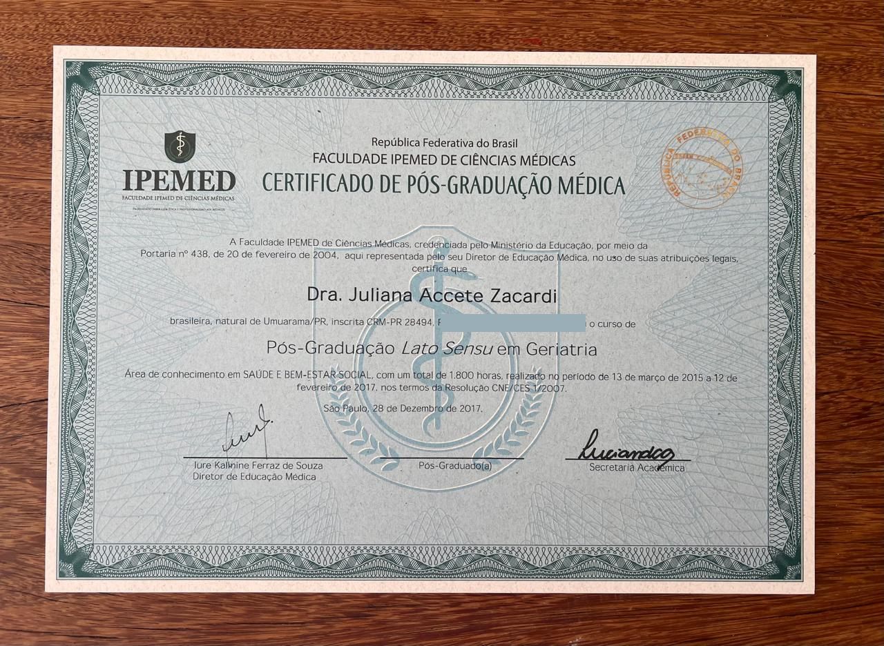 Certificado de Pós-Graduação Lato Sensu em Geriatria da Faculdade IPEMED