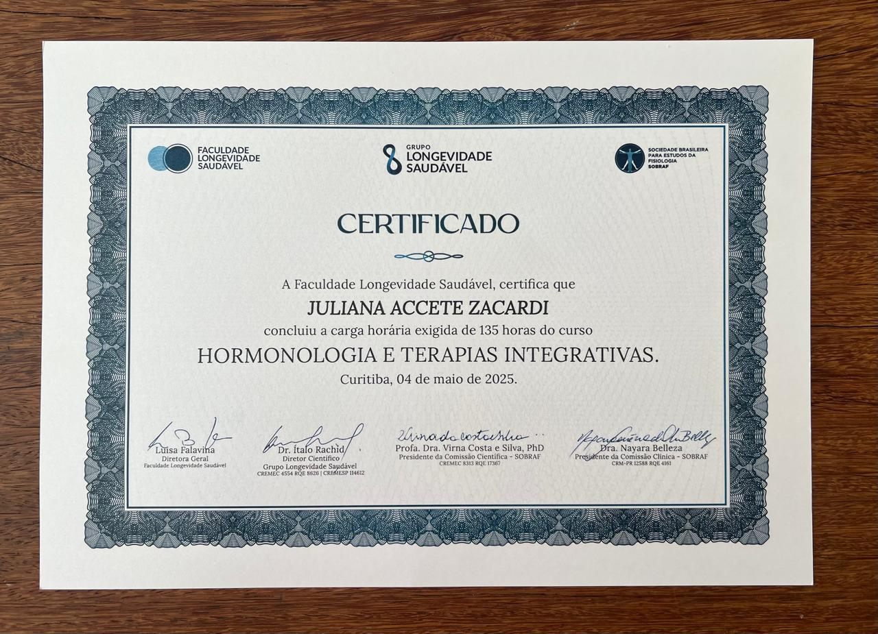 Certificado do curso de Hormonologia e Terapias Integrativas da Faculdade Longevidade Saudável