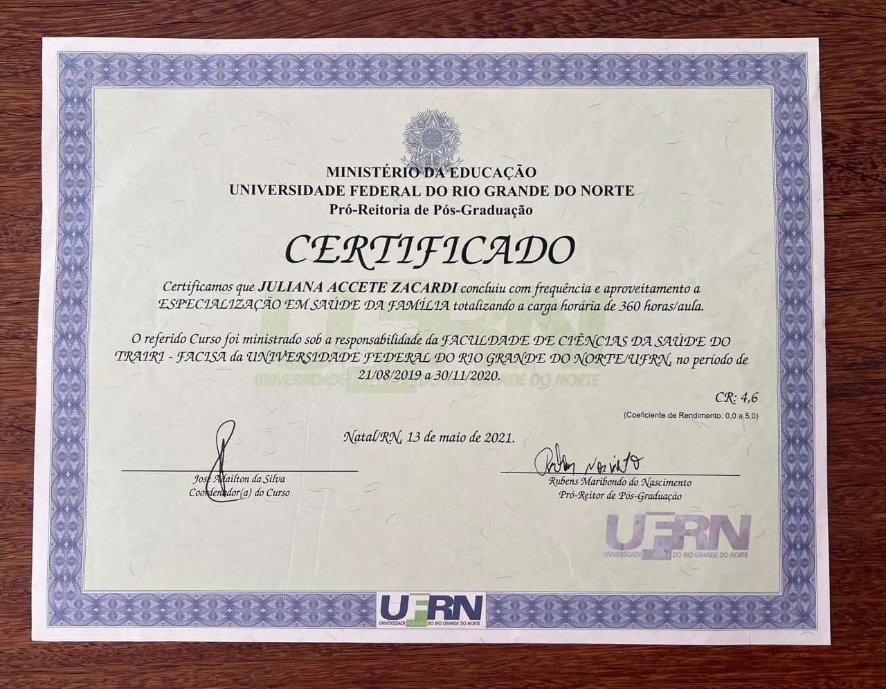 Certificado de Especialização em Saúde da Família da UFRN